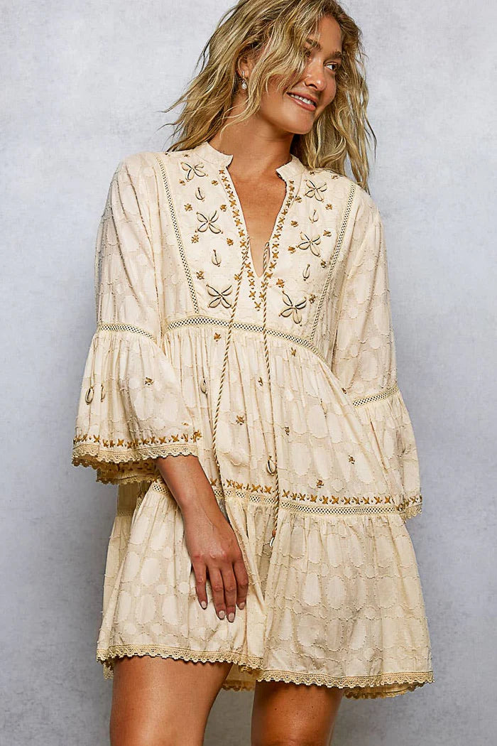 Pol Stitch Bead Detail Trim V-Neck Woven Roomy Fit Dress - Natural Multi