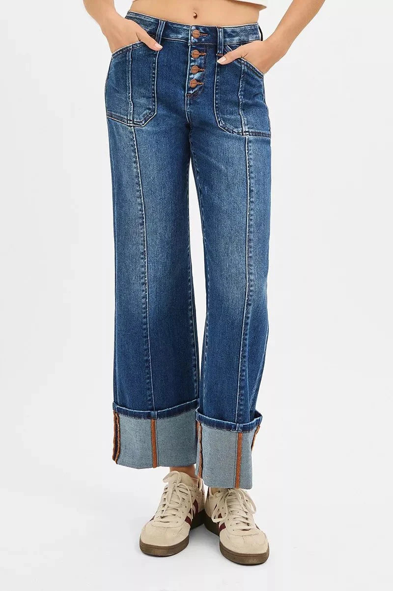 RISEN Full Size High Rise Crop Wide Straight Cuffed Jeans Plus Size