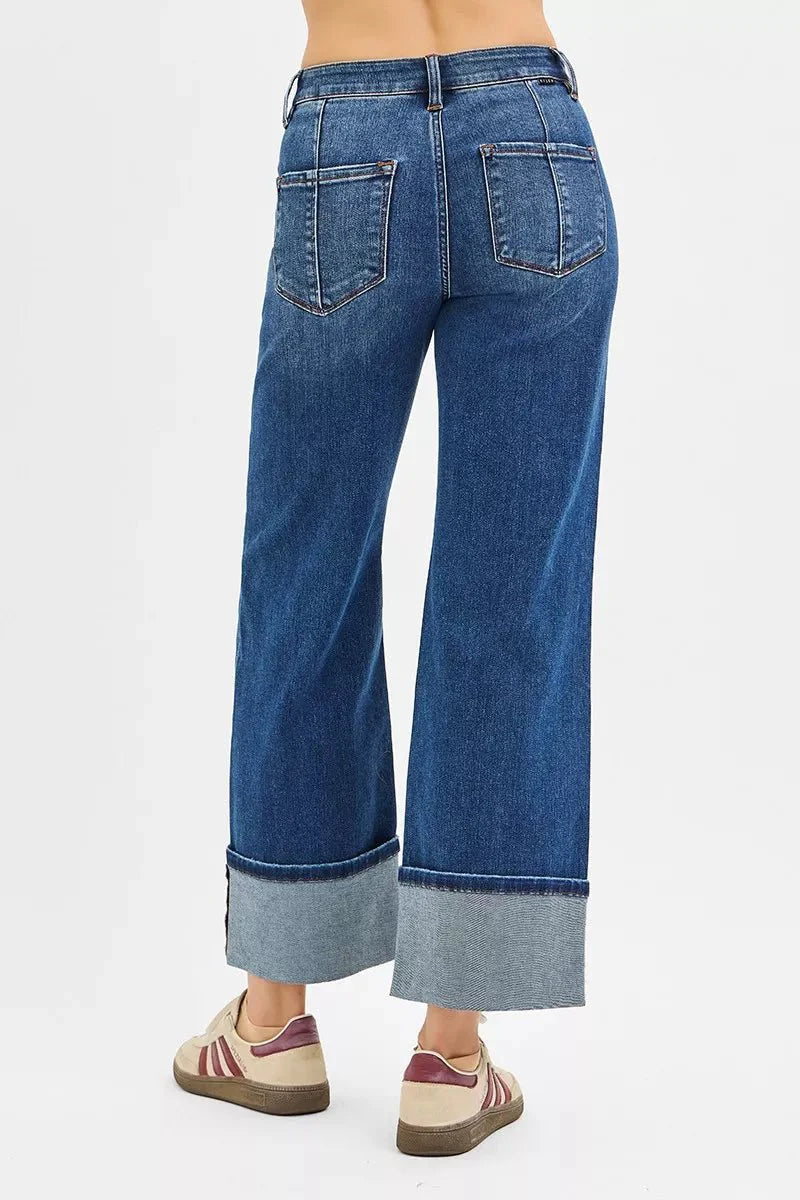 RISEN Full Size High Rise Crop Wide Straight Cuffed Jeans Plus Size