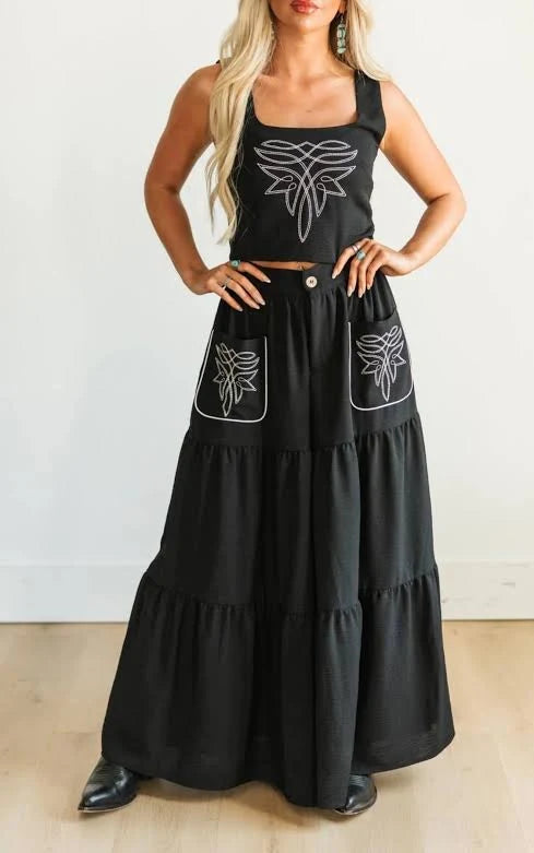 Black Boot Stitch Embroidered Western Crop Top & Tiered Wide-Leg Pants Set