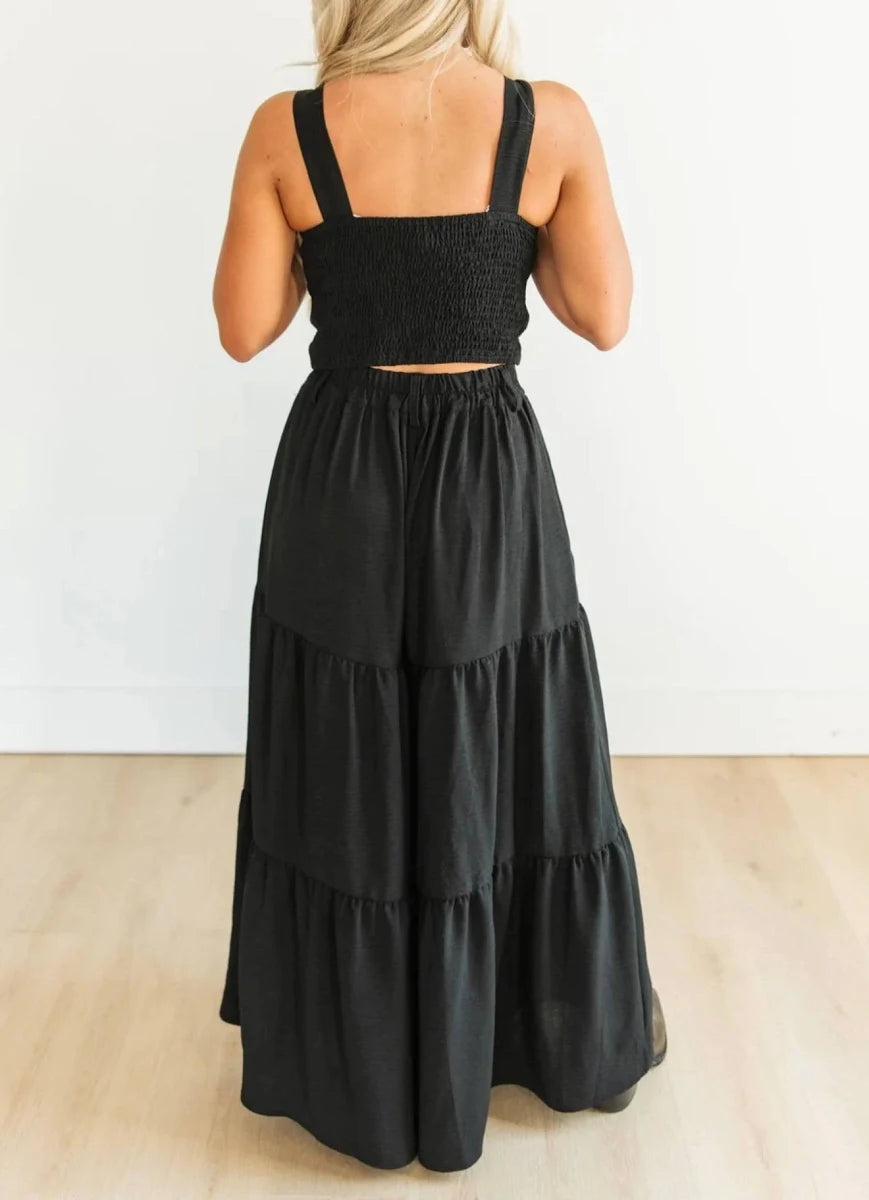 Black Boot Stitch Embroidered Western Crop Top & Tiered Wide-Leg Pants Set