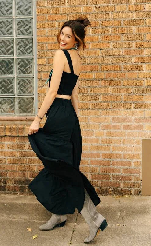 Black Boot Stitch Embroidered Western Crop Top & Tiered Wide-Leg Pants Set