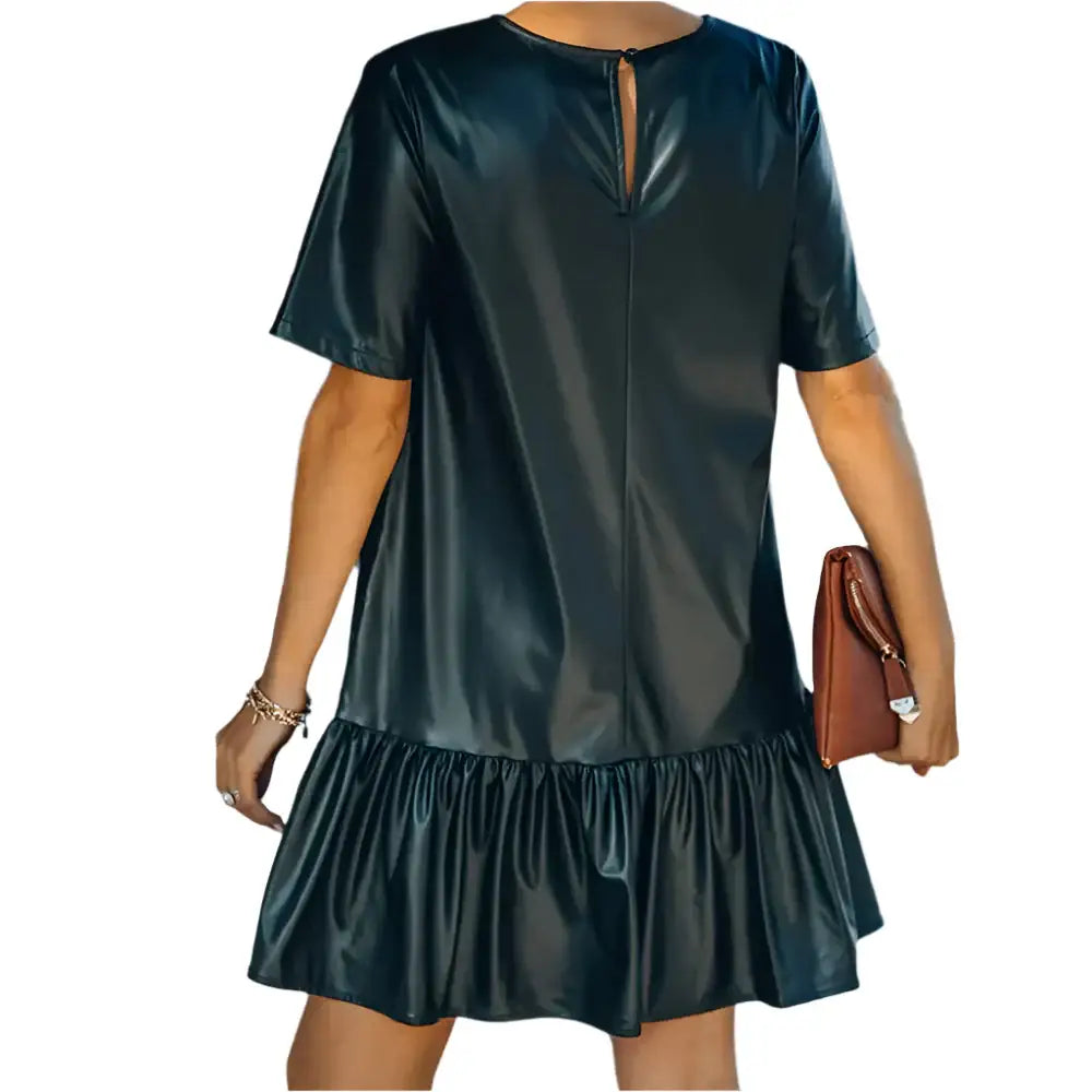 Women’s Short Sleeve Leather Ruffle Dress
