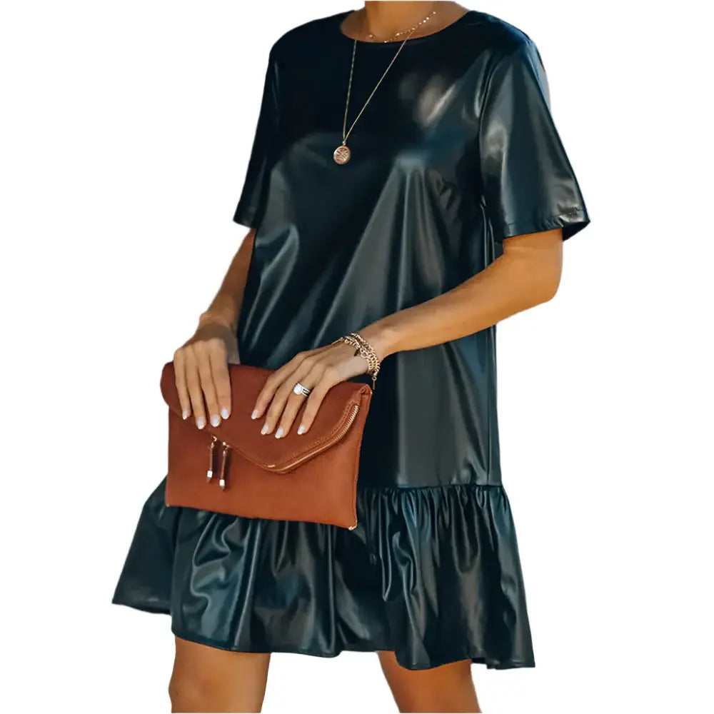 Women’s Short Sleeve Leather Ruffle Dress