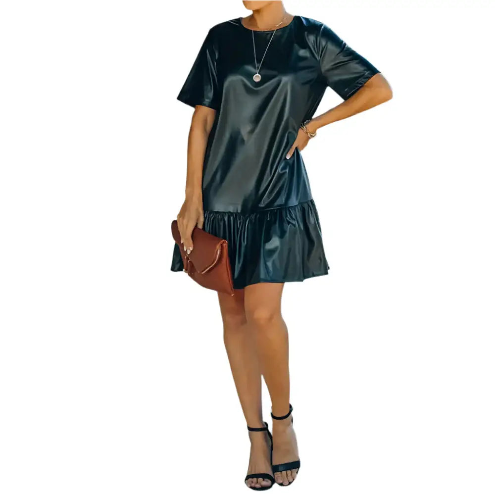 Women’s Short Sleeve Leather Ruffle Dress
