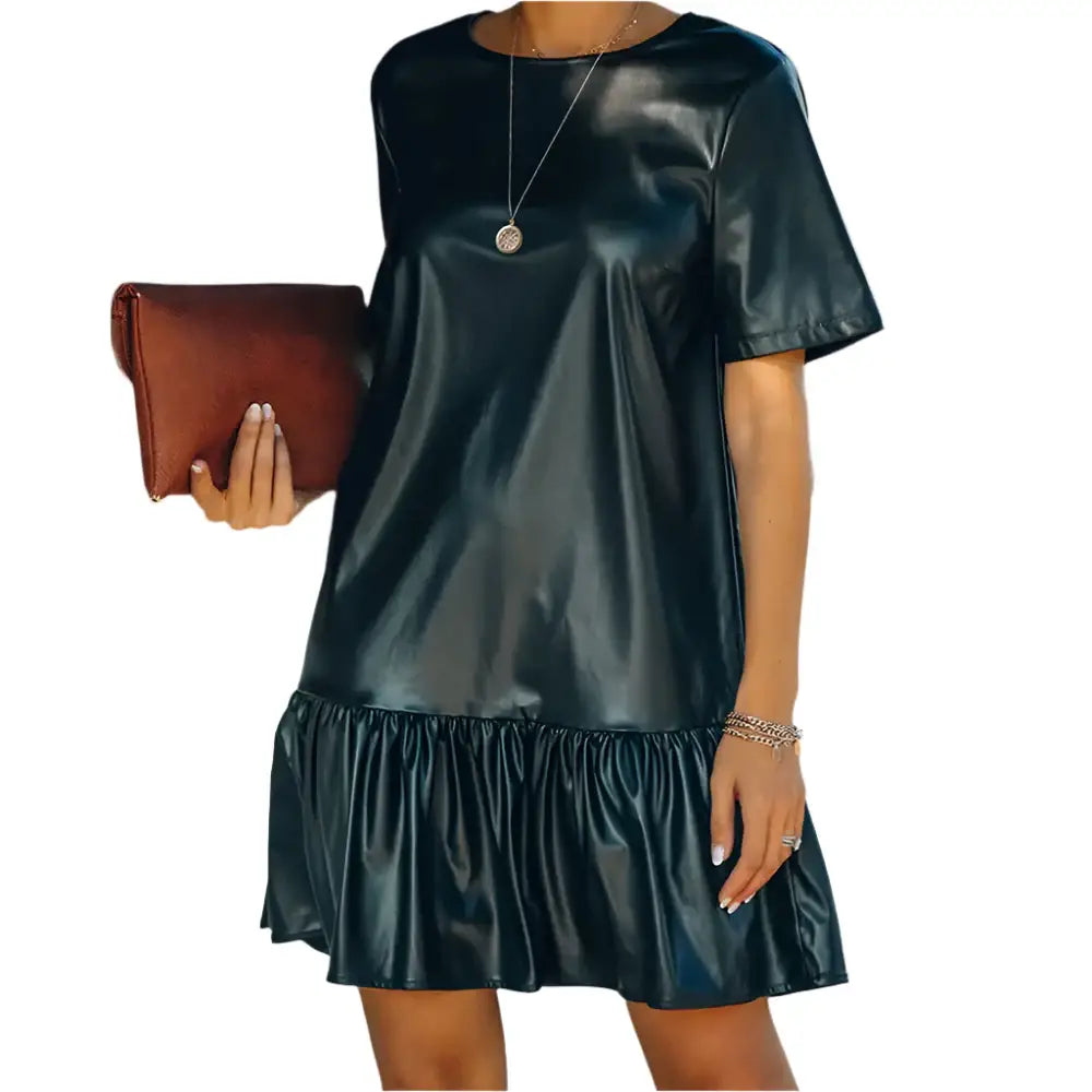Women’s Short Sleeve Leather Ruffle Dress