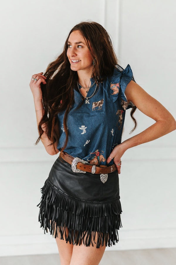Faux Leather Black Stitched Tier Fringe Skirt