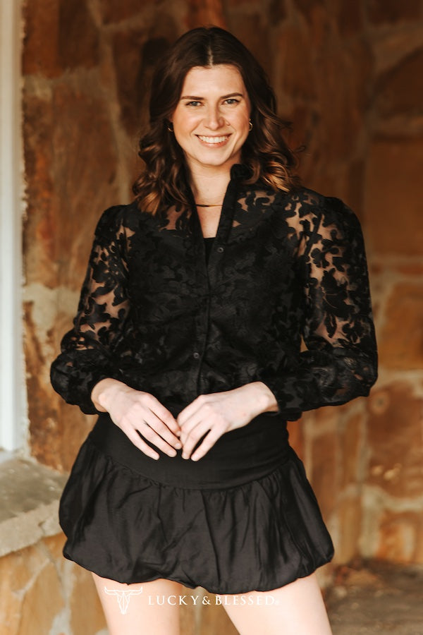 Black Lace Puff Sleeve Button Down Collared Top