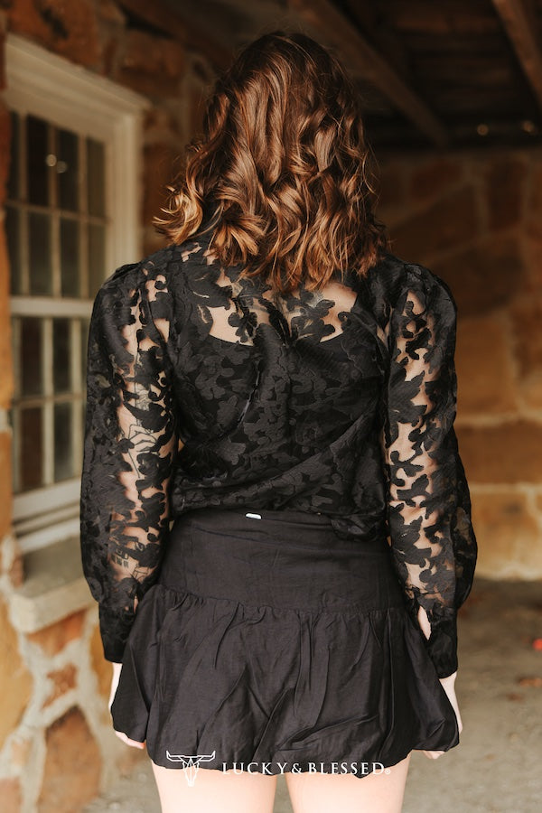 Black Lace Puff Sleeve Button Down Collared Top