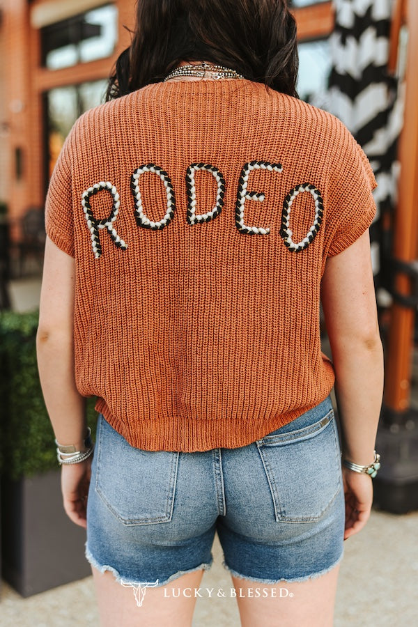 Brown Knit Sweater Boot-stitch Embroidered Pocket Edge Thread Top