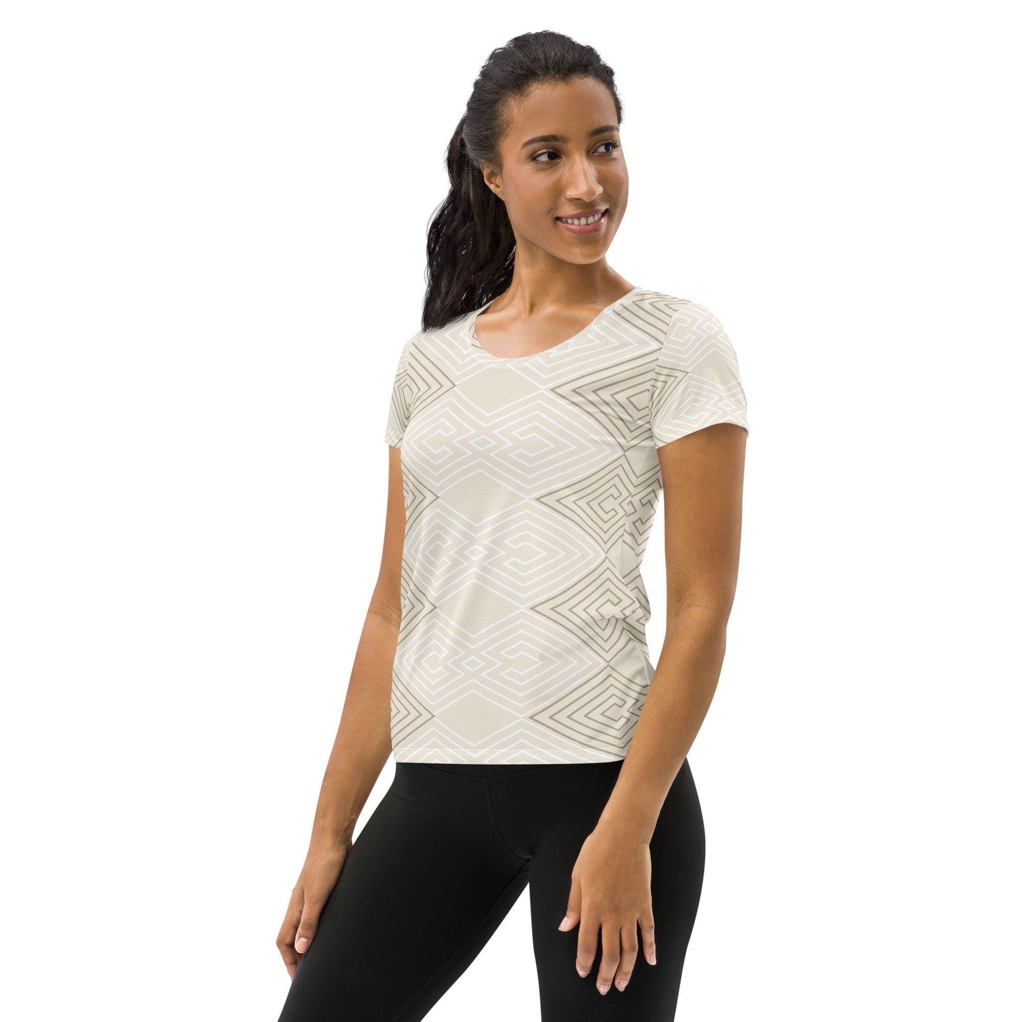 Womens Stretch Fit Athletic Sports T-shirt - Beige Brown Aztec