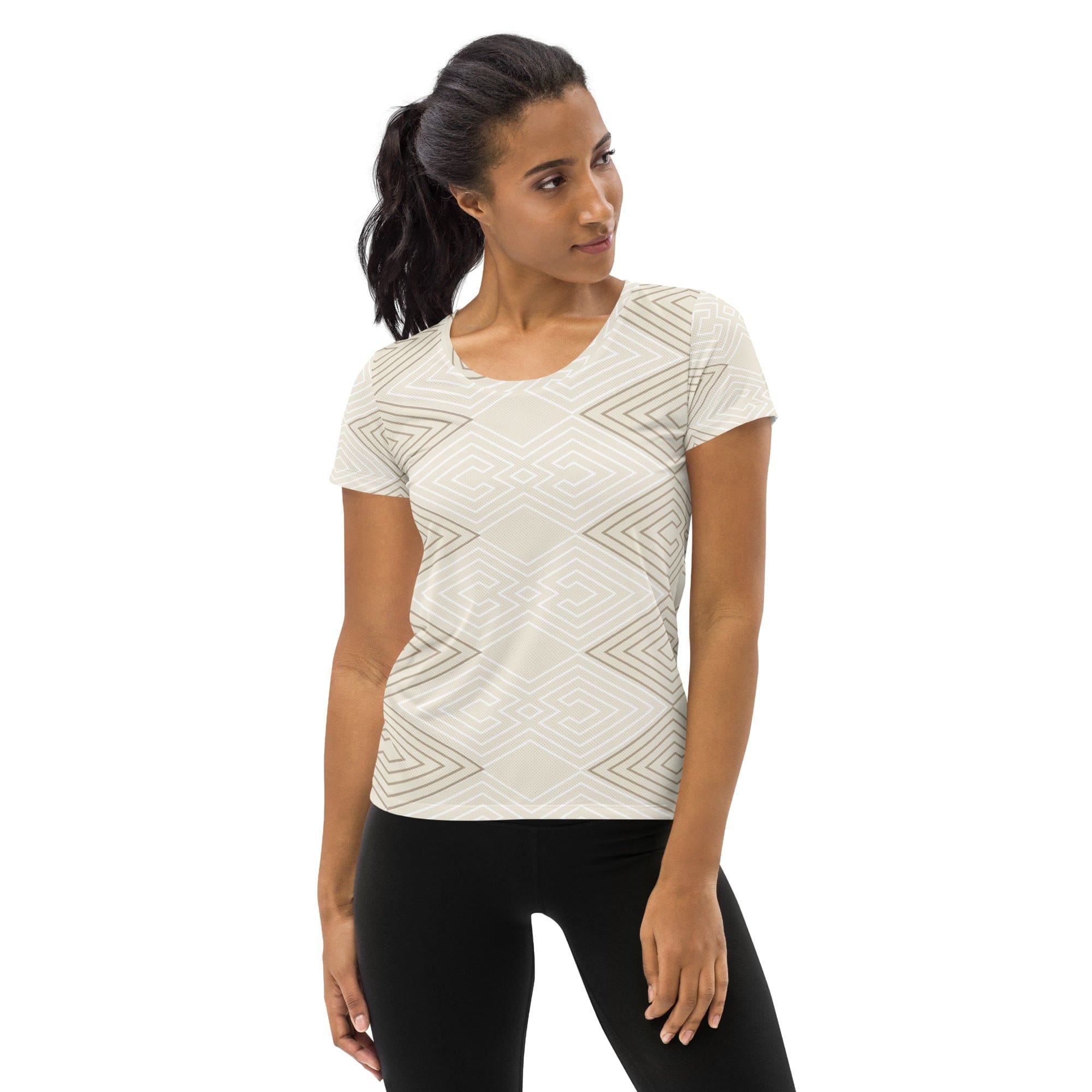 Womens Stretch Fit Athletic Sports T-shirt - Beige Brown Aztec